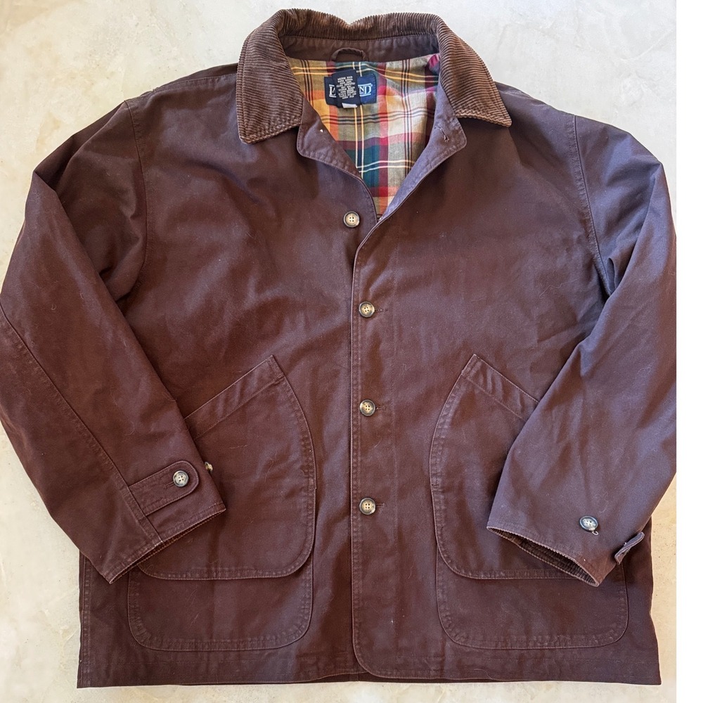 Lands End Mens XL Brown Cotton Canvas Field Jacket Plaid Lined Barn Chore Coat
